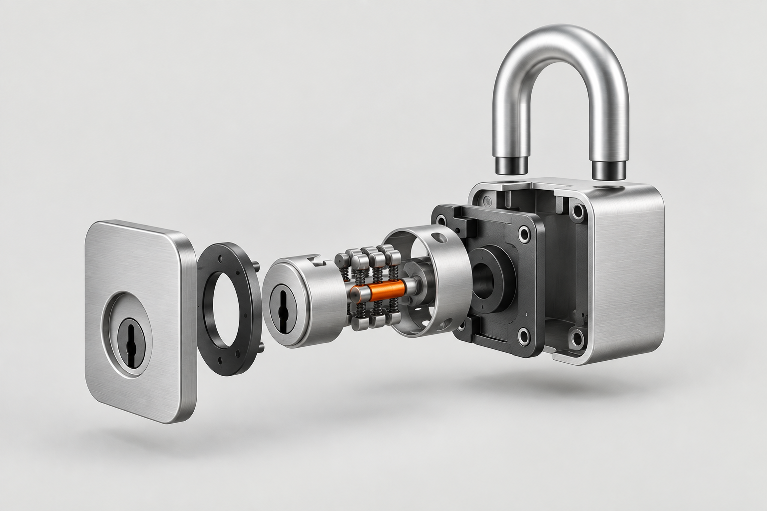 An exploded metal padlock showing its cylinder, springs, and orange core